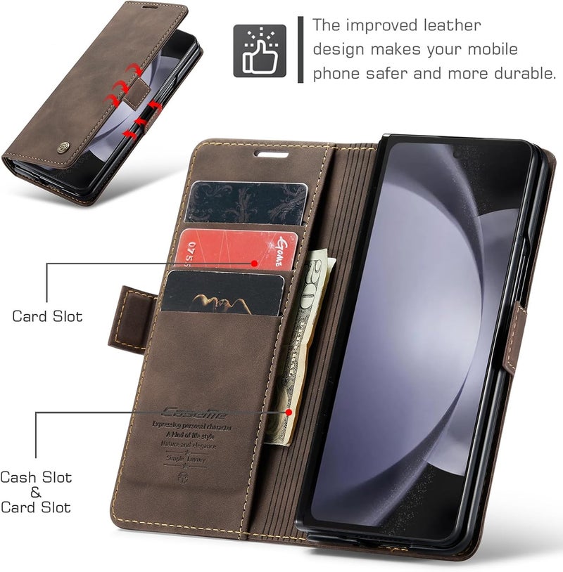 Cracedily for Samsung Galaxy Z Fold5 Case, Flip Wallet Leather Case with Card Holder Magnetic Closure Shockproof Kickstand Protective Phone Cases Cover for Samsung Galaxy Z Fold5,Coffee - Image 2